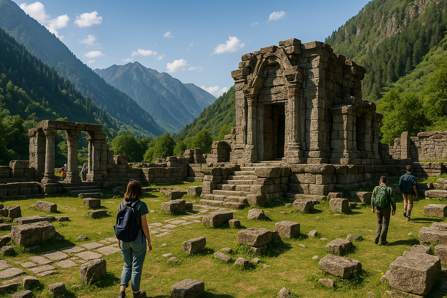 Ruins of ancient temple complex in Kashmir valley with travelers exploring