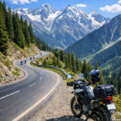 Motorbike riding on scenic mountain road in Kashmir