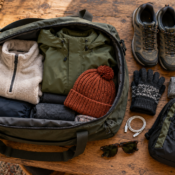 Travel bag with warm layers, walking shoes, gloves and everyday essentials for a Kashmir trip