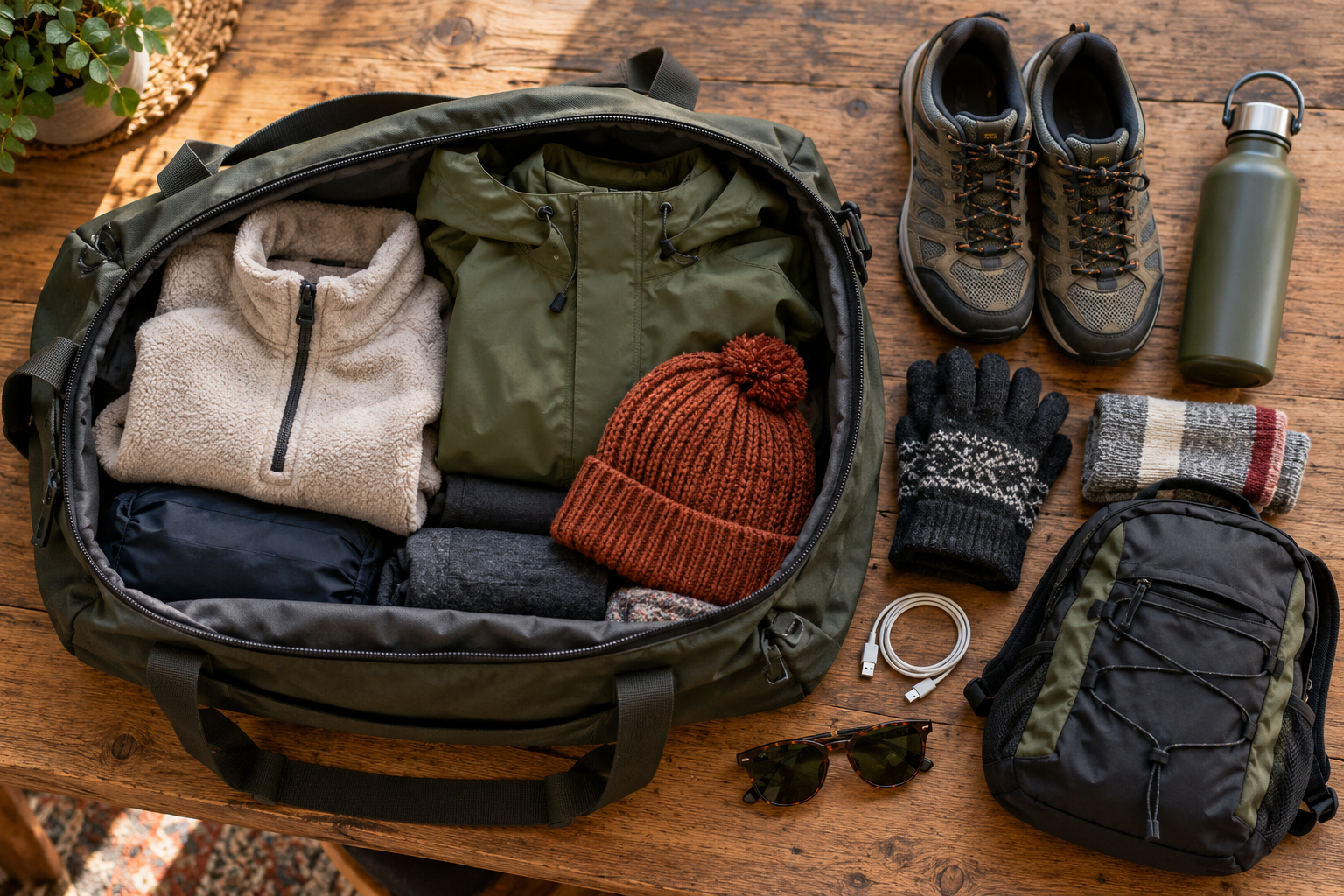 Travel bag with warm layers, walking shoes, gloves and everyday essentials for a Kashmir trip
